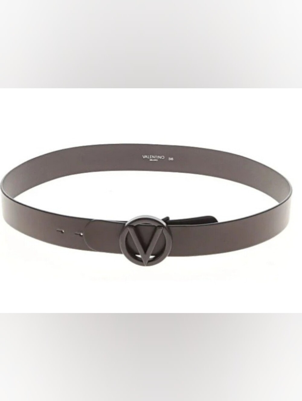 Valentino Brown Leather Belt with Matte V Logo Buckle (38)